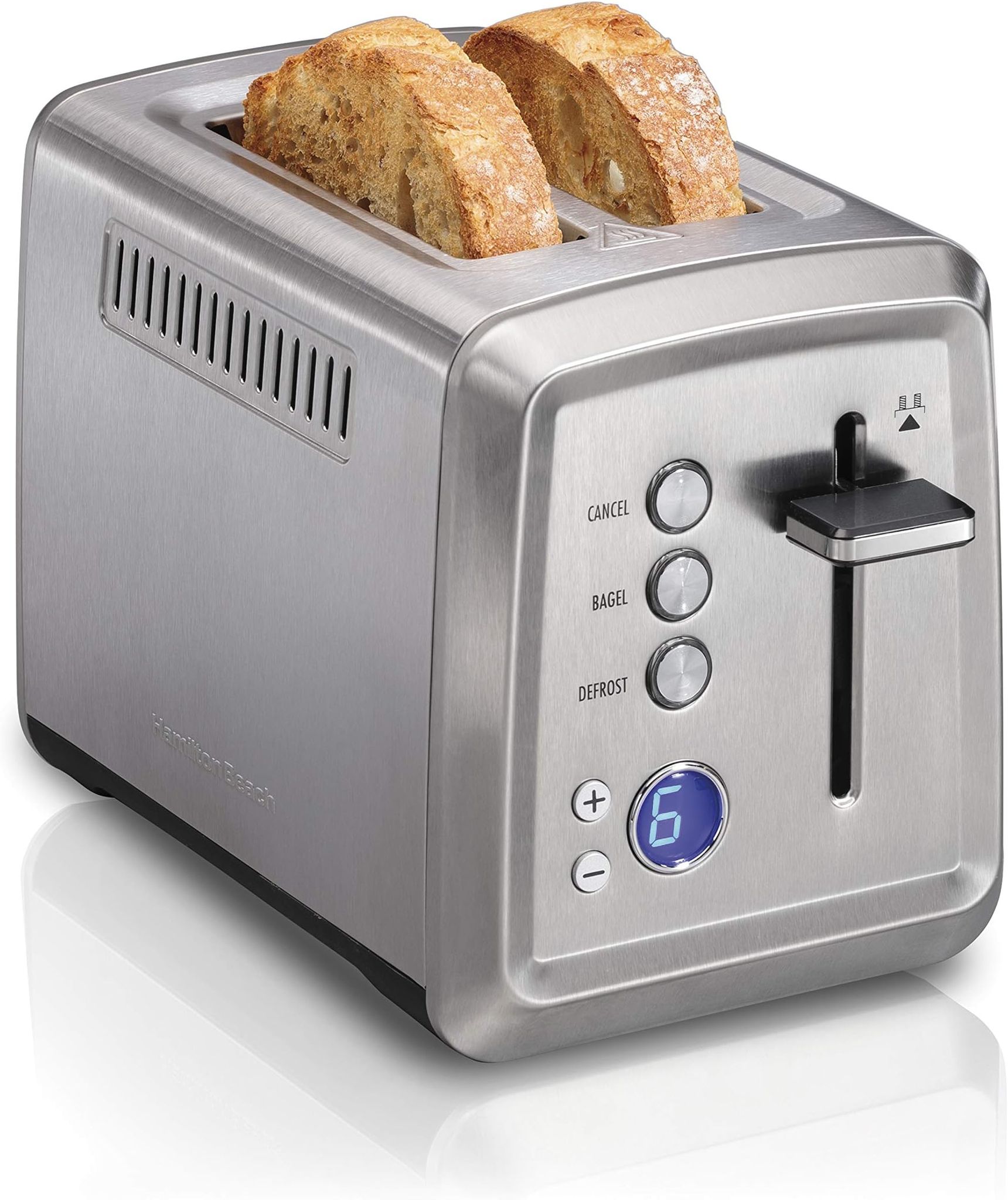 Hamilton Beach 2 Slice Toaster with Extra-Wide Slots, Bagel Setting, Toast Boost, Slide-Out Crumb Tray, Auto-Shutoff & Cancel Button, Digital with Defrost Function, Stainless Steel