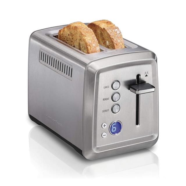 Hamilton Beach 2 Slice Toaster with Extra-Wide Slots, Bagel Setting, Toast Boost, Slide-Out Crumb Tray, Auto-Shutoff & Cancel Button, Digital with Defrost Function, Stainless Steel